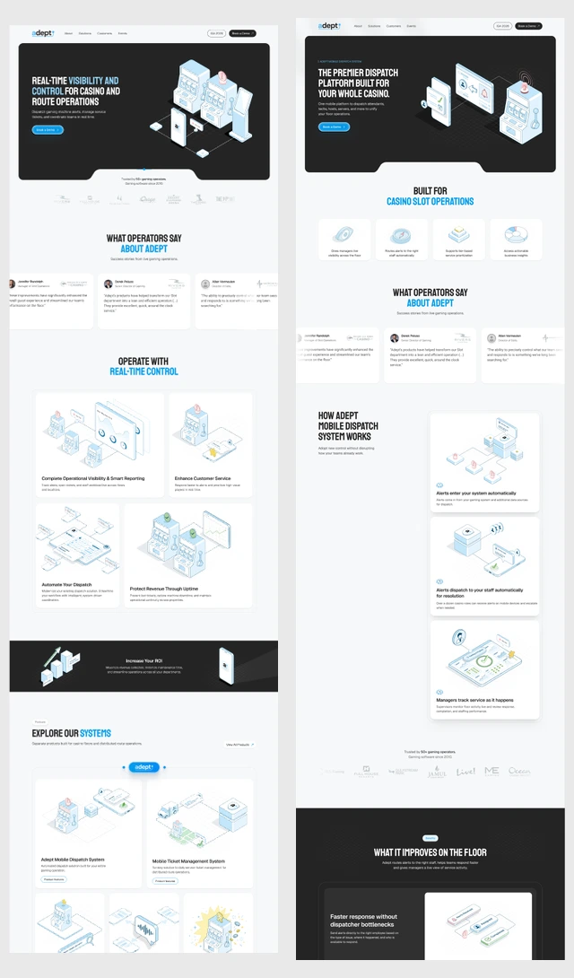 Adept homepage and product-page designs showing the chosen typography, illustration style and layouts.