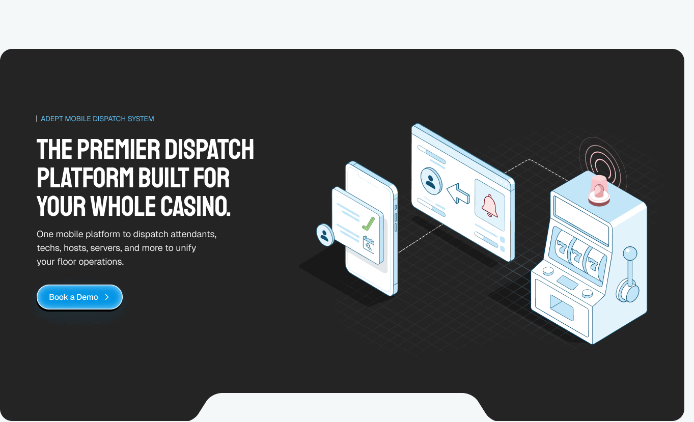 AMDS product page explaining dispatch across the casino floor.
