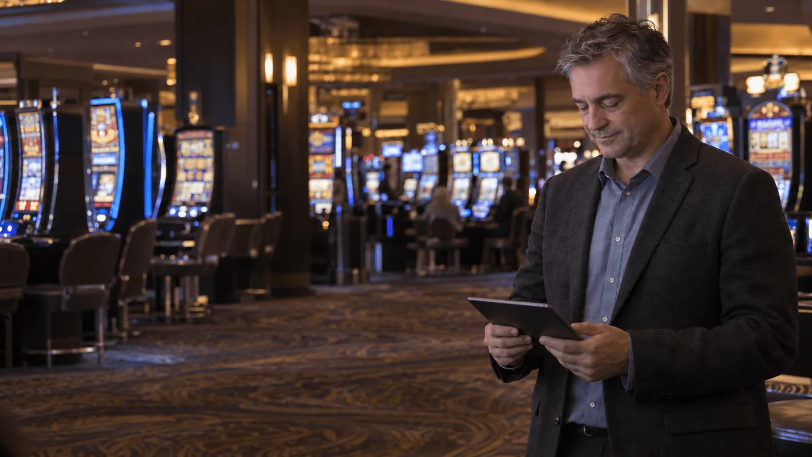 Illustrative casino operations manager reviewing a tablet on a gaming floor.