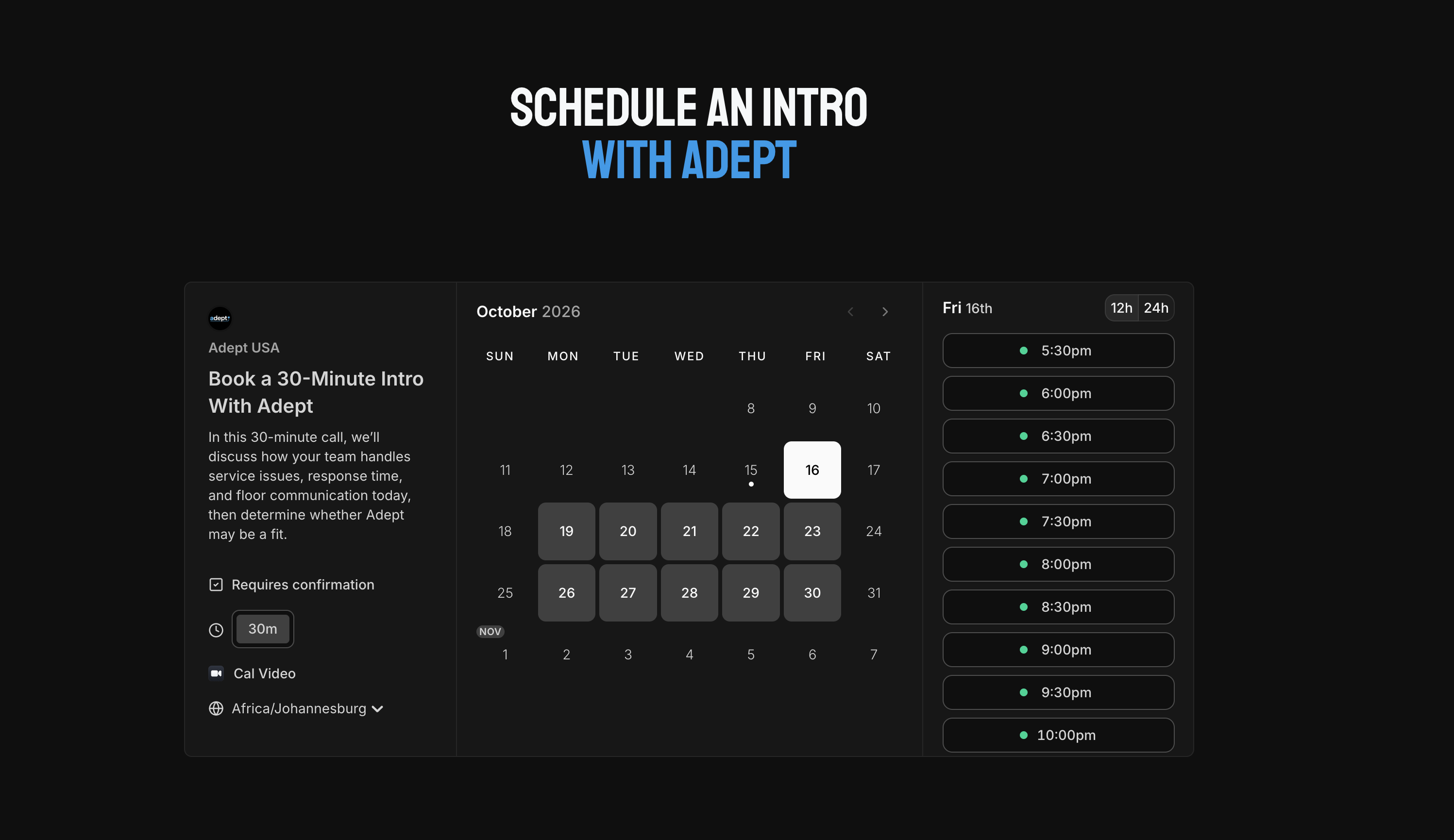 Adept intro booking page with a 30-minute call description, calendar and available time slots.