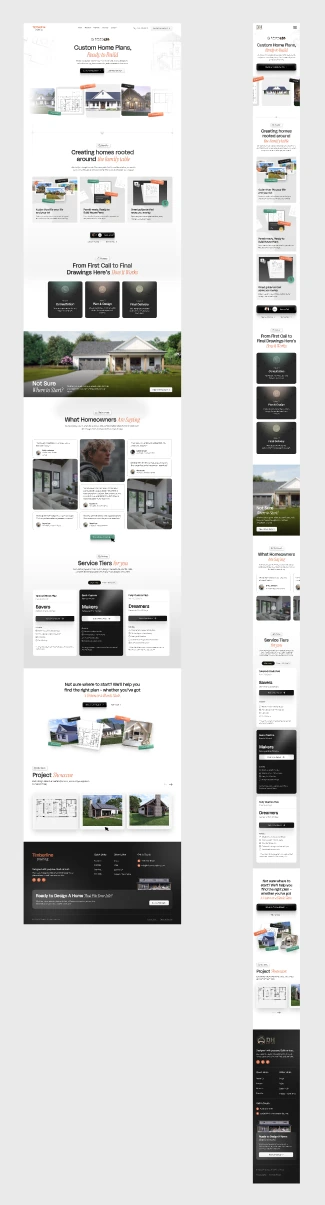 The original DH Design desktop and mobile homepage designs side by side on the FigJam board.