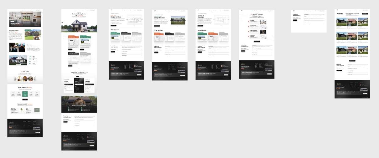 DH Design's original FigJam overview of the about, service, contact, FAQ and portfolio page designs.
