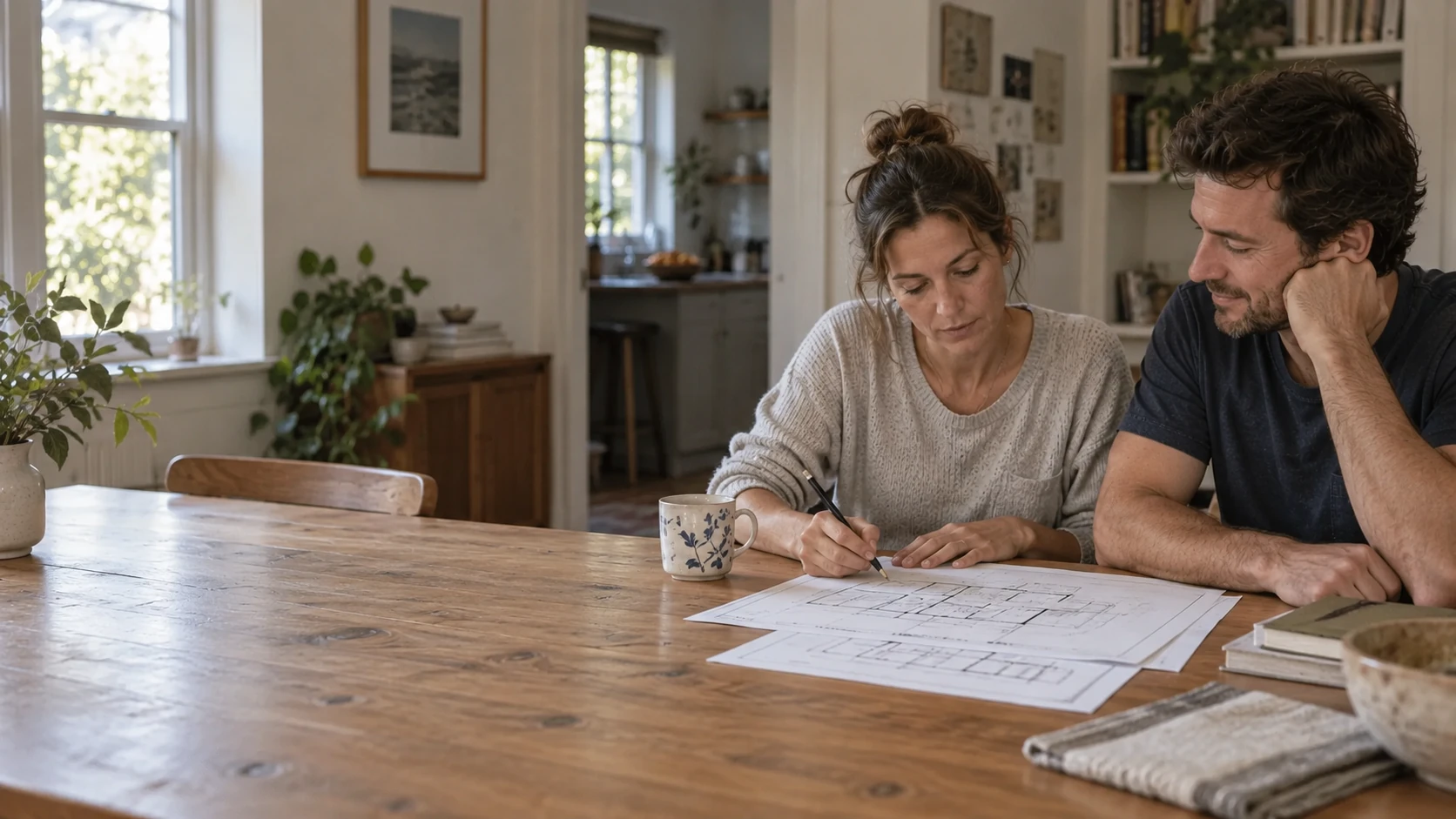 Illustrative image of a couple reviewing home plans.