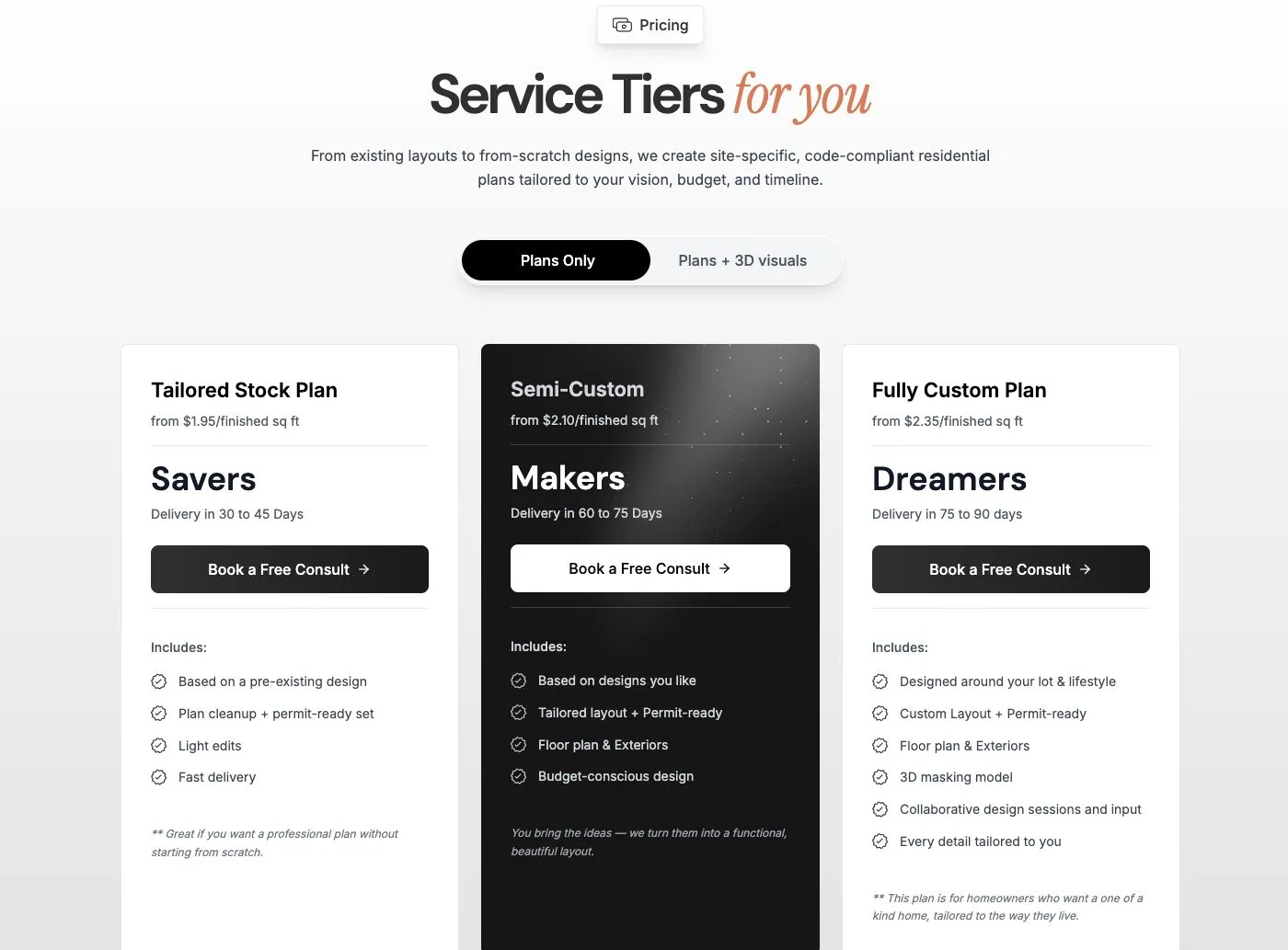 The live DH Design pricing section, with Savers, Makers and Dreamers packages and a 3D option.