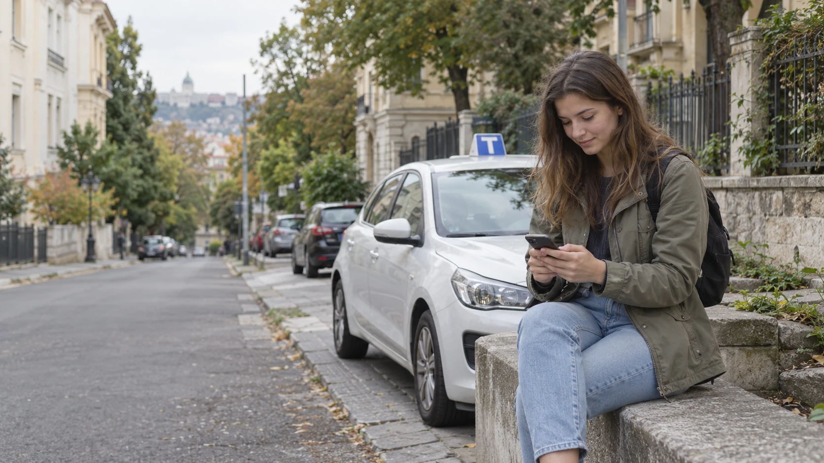 Illustrative adult learner checking her phone before a driving lesson.