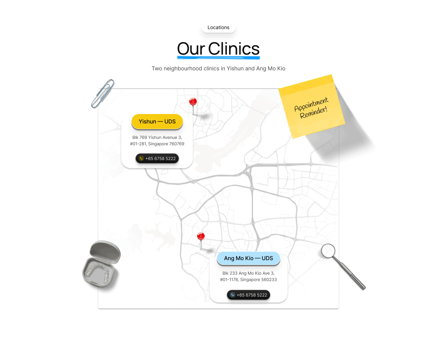 Map with Yishun and Ang Mo Kio clinic address and phone cards.