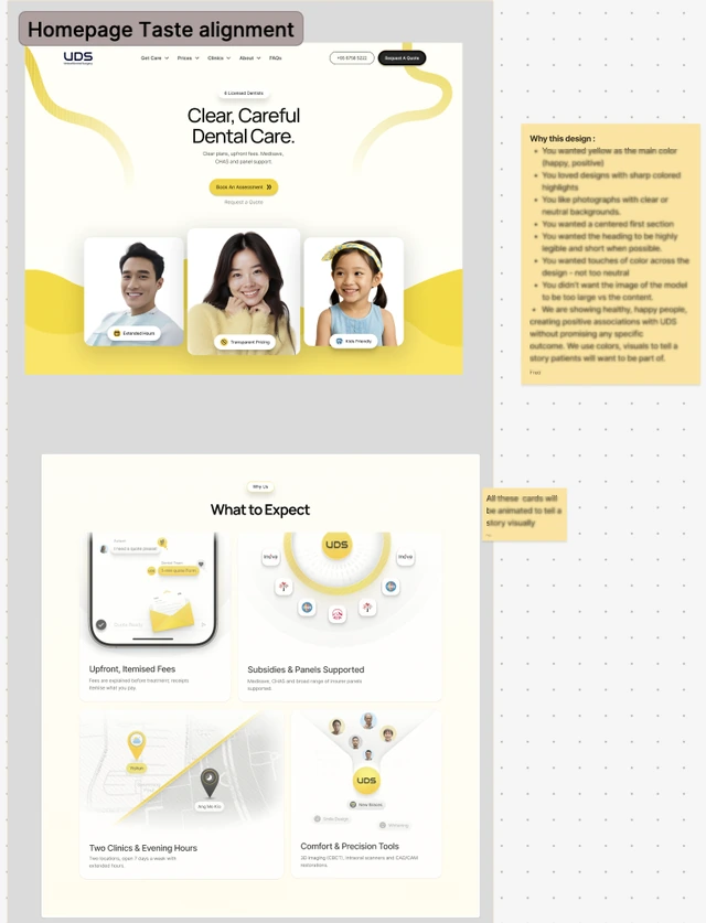 UDS early visual direction showing a yellow homepage hero, benefit-card concepts and client feedback notes.