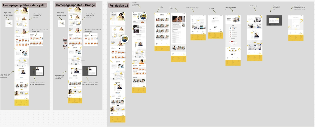 UDS design board showing homepage variations and the full set of treatment, clinic, information and enquiry page designs.