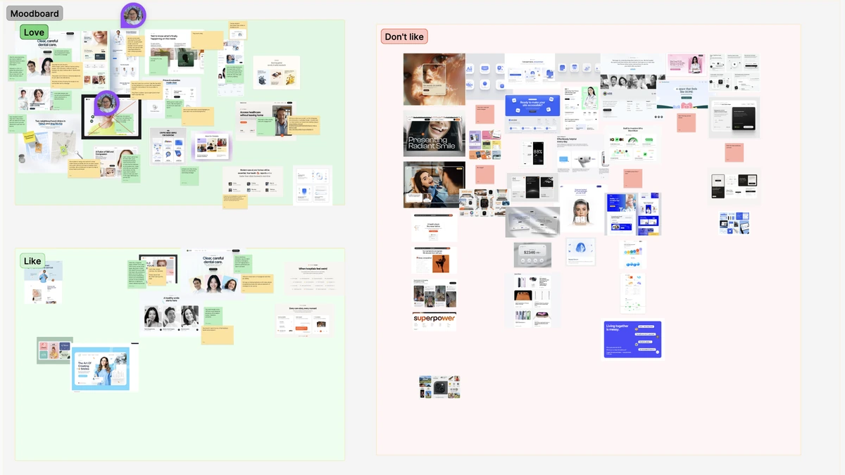 UDS moodboard grouped into Love, Like and Don't like, with visual references and feedback notes.