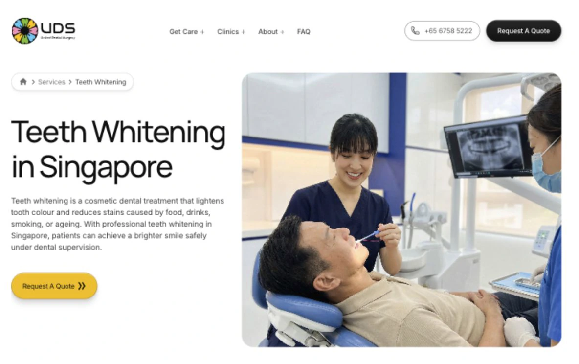 UDS teeth-whitening treatment page showing a dentist caring for a patient and a Request A Quote button.
