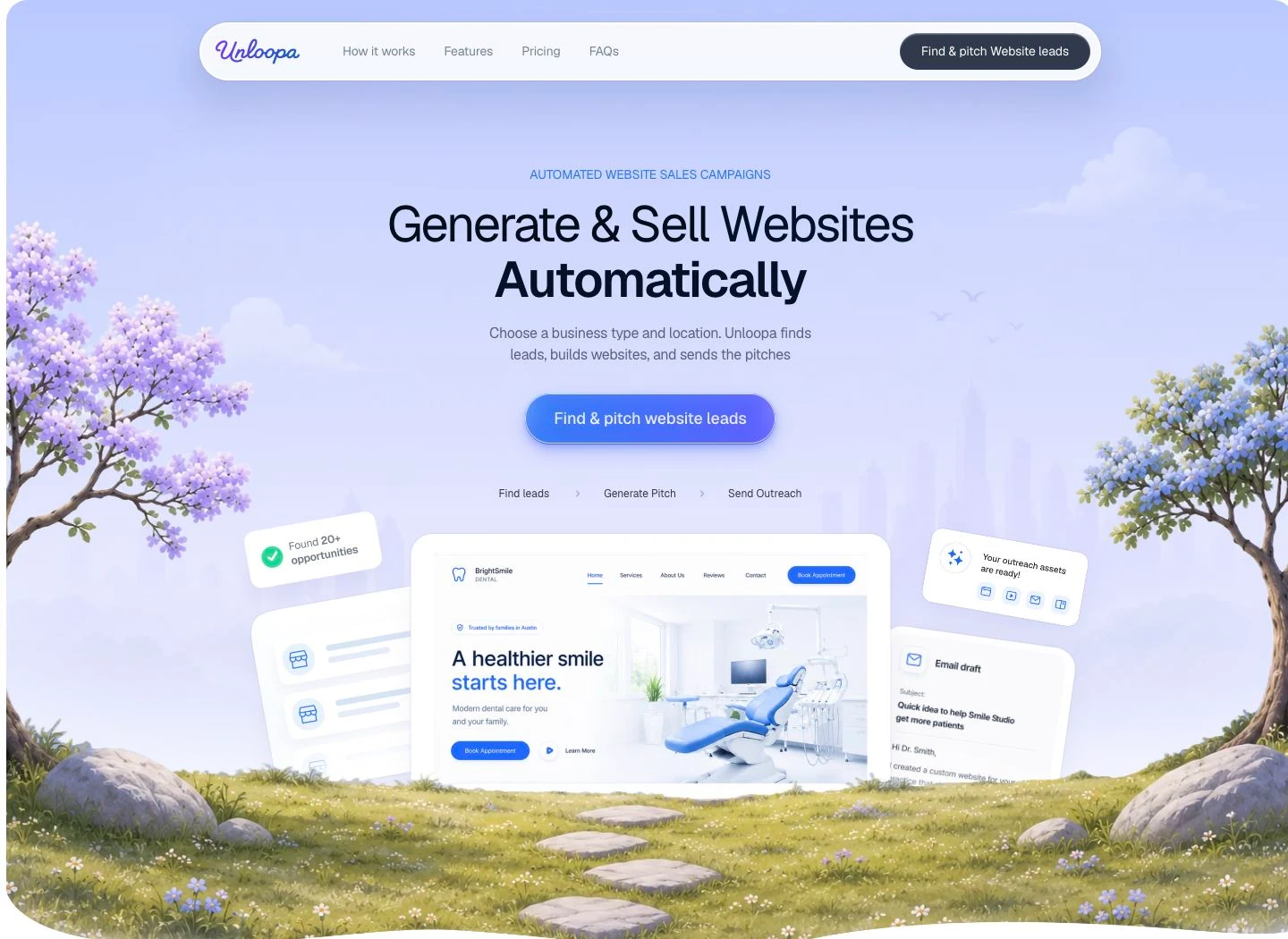 Unloopa hero with a generated website, lead list and email draft in an illustrated landscape.