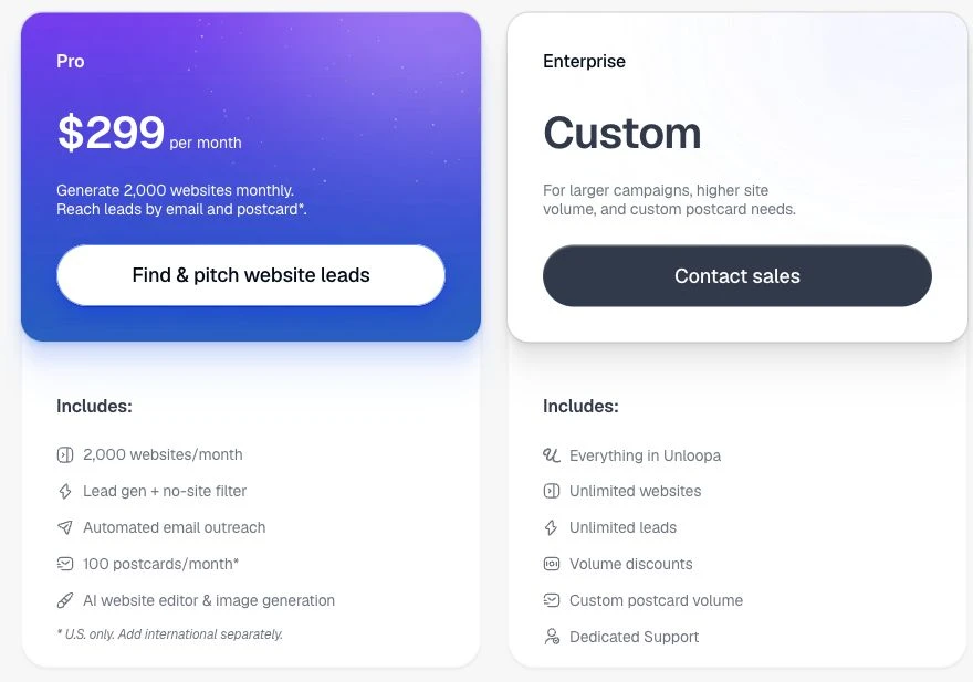 Published Unloopa Pro pricing at $299 per month beside the custom Enterprise plan.