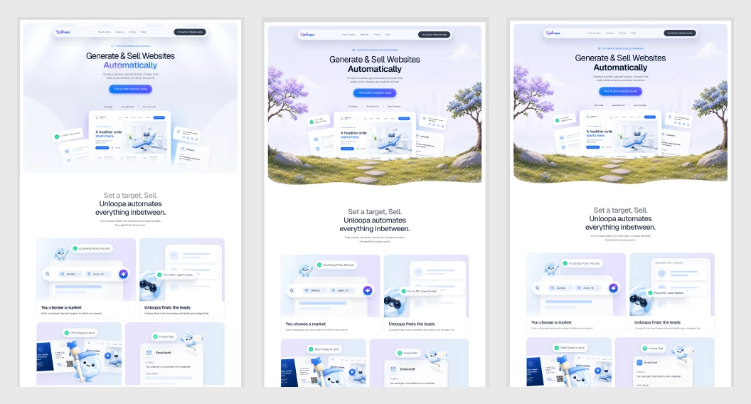 Side-by-side excerpts from three original Unloopa landing-page versions, comparing hero imagery and product cards.
