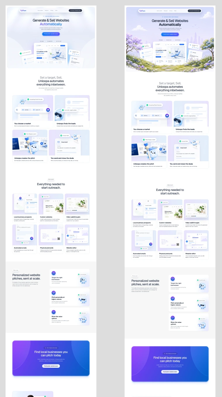 Two early Unloopa landing-page designs side by side, showing alternative hero imagery and illustrated product sections.